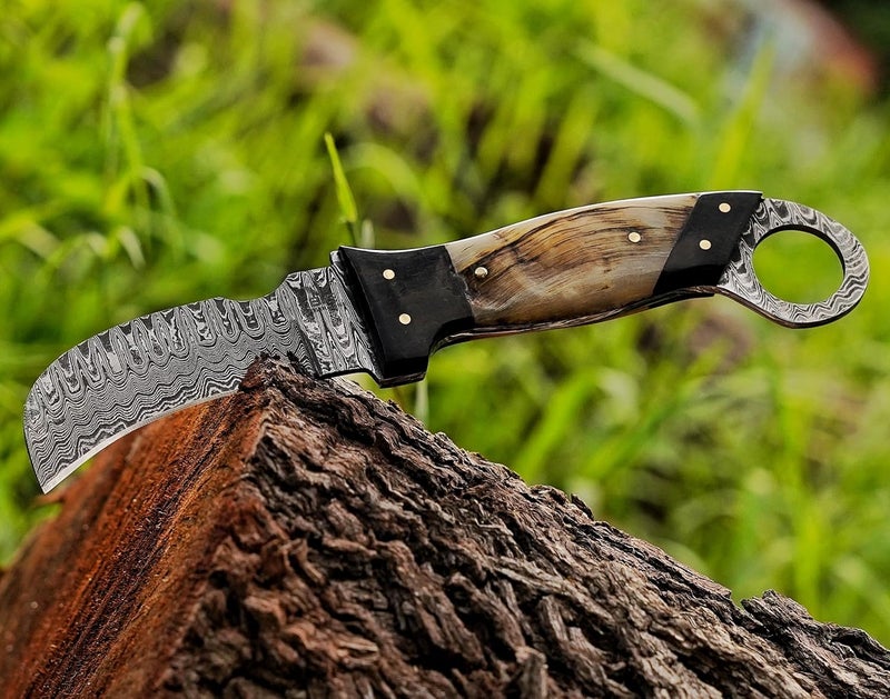BE BREAK EDGE Handmade 1095 Steel Lineman’s Hawkbill knife with Leather sheath, Heavy Duty Utility Knife blade Electrician Wire Skinning knife for professional.(Horn) - Image 4